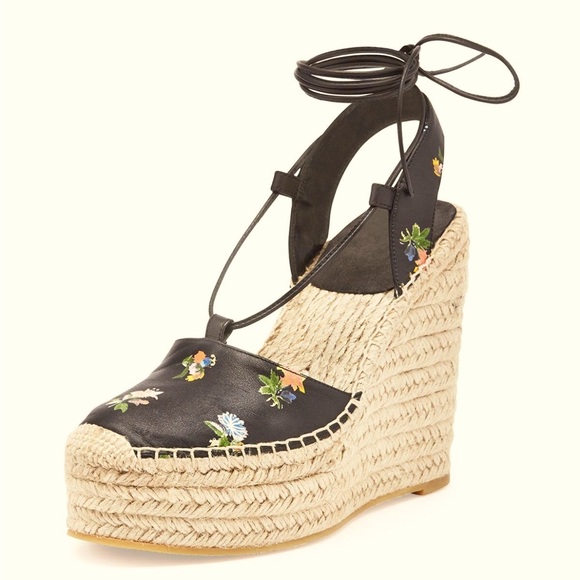 Saint Laurent YSL Floral Black Leather Ankle Wrap Espadrille Wedge Heel EU 40 - Picture 3 of 9